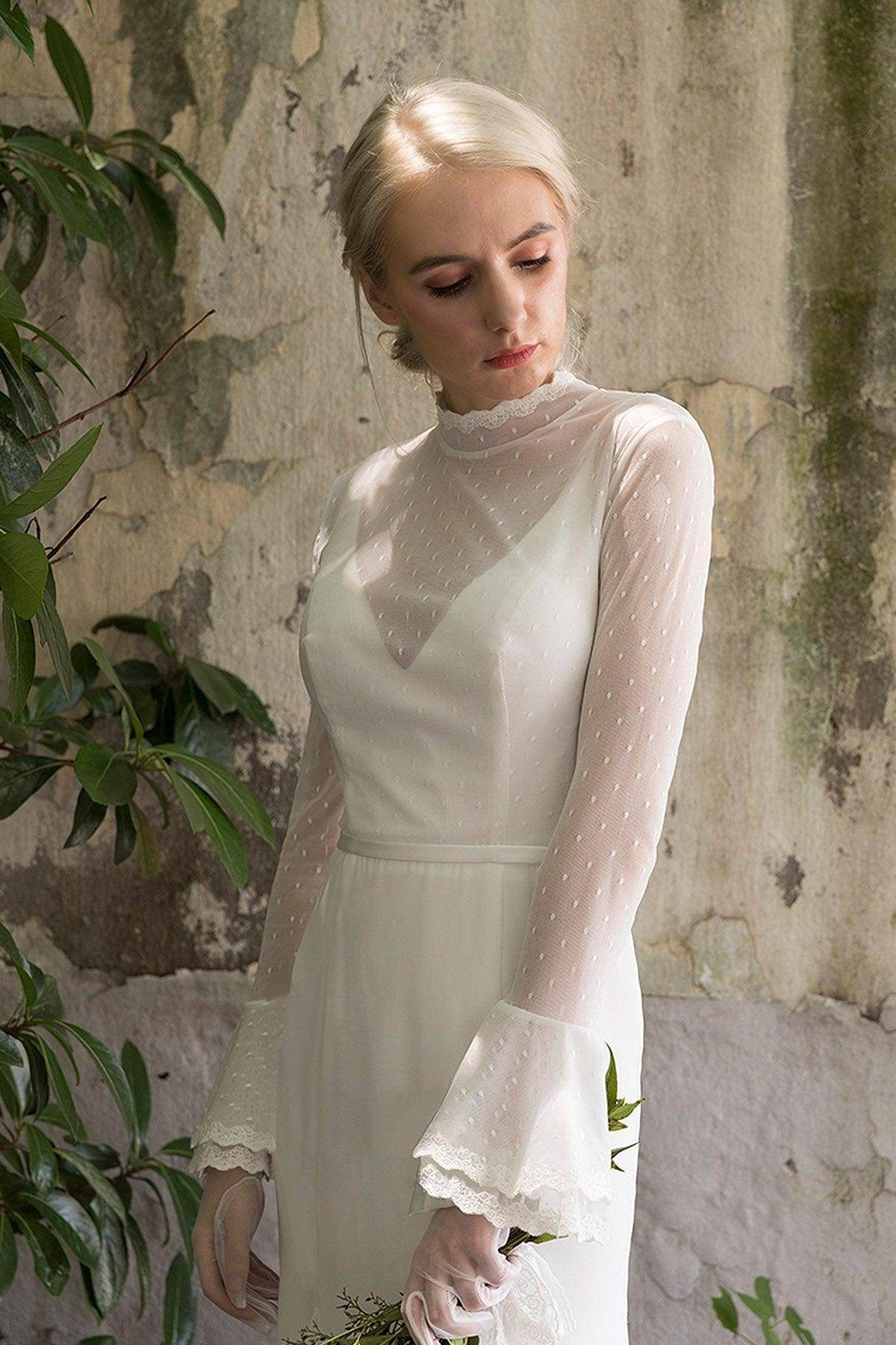 Sheath Sweep-Brush Train Chiffon Tulle Wedding Dress CW3027 - COCOMELODY