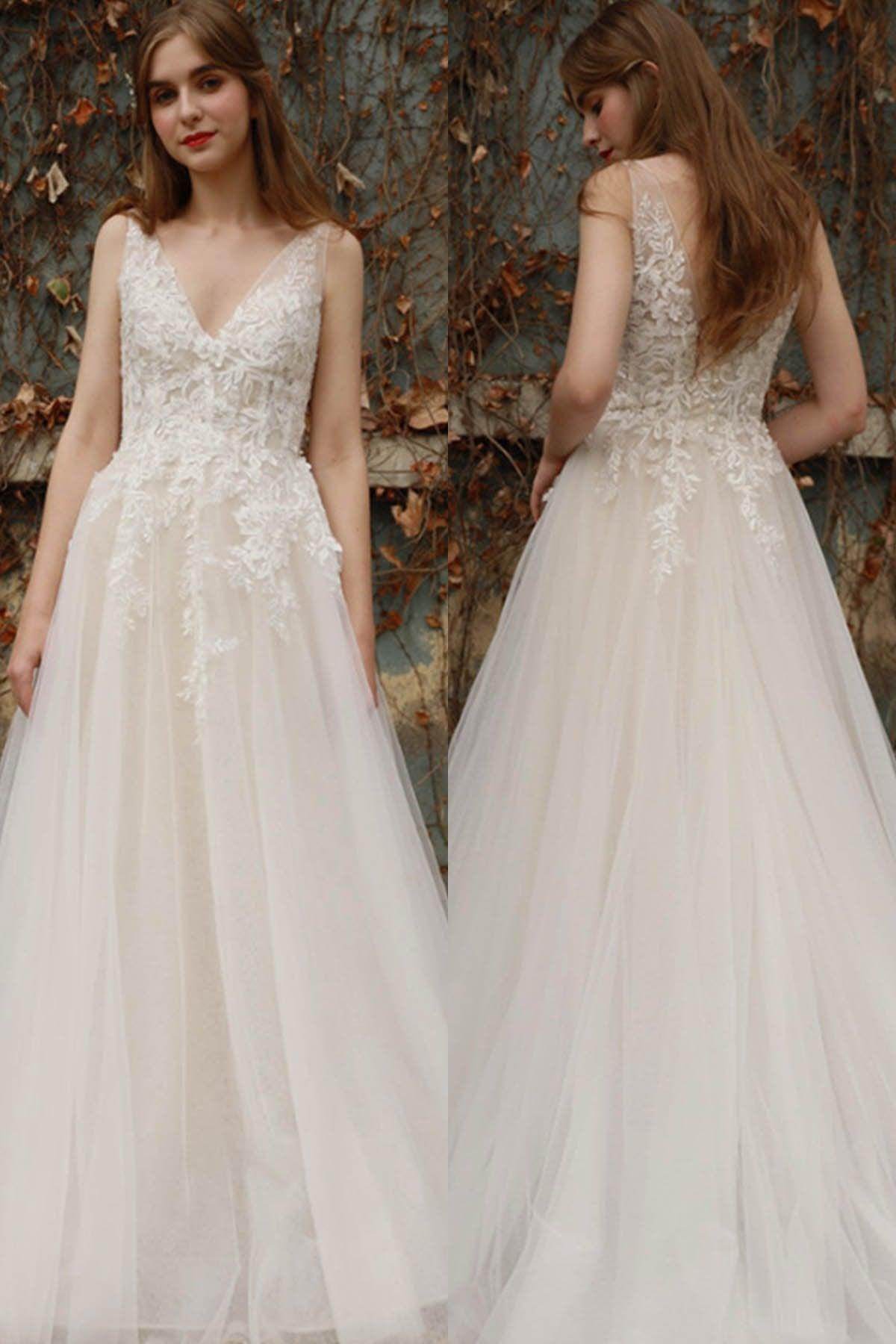 A-Line Sweep-Brush Train Tulle Wedding Dress CW3028 - COCOMELODY
