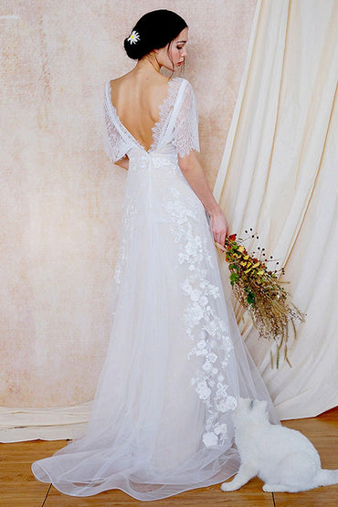 A-Line Sweep-Brush Train Lace Wedding Dress CW3031