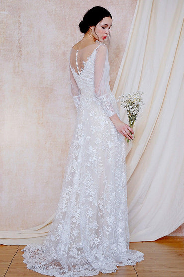 A-Line Sweep-Brush Train Lace Wedding Dress CW3032