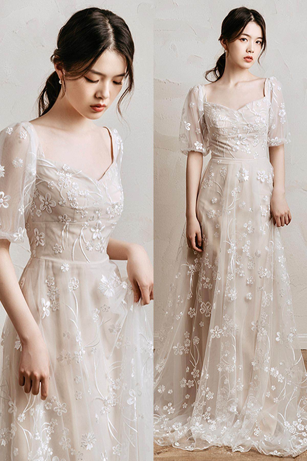 A-Line Sweep-Brush Train Lace Tulle Wedding Dress CW3034 - COCOMELODY
