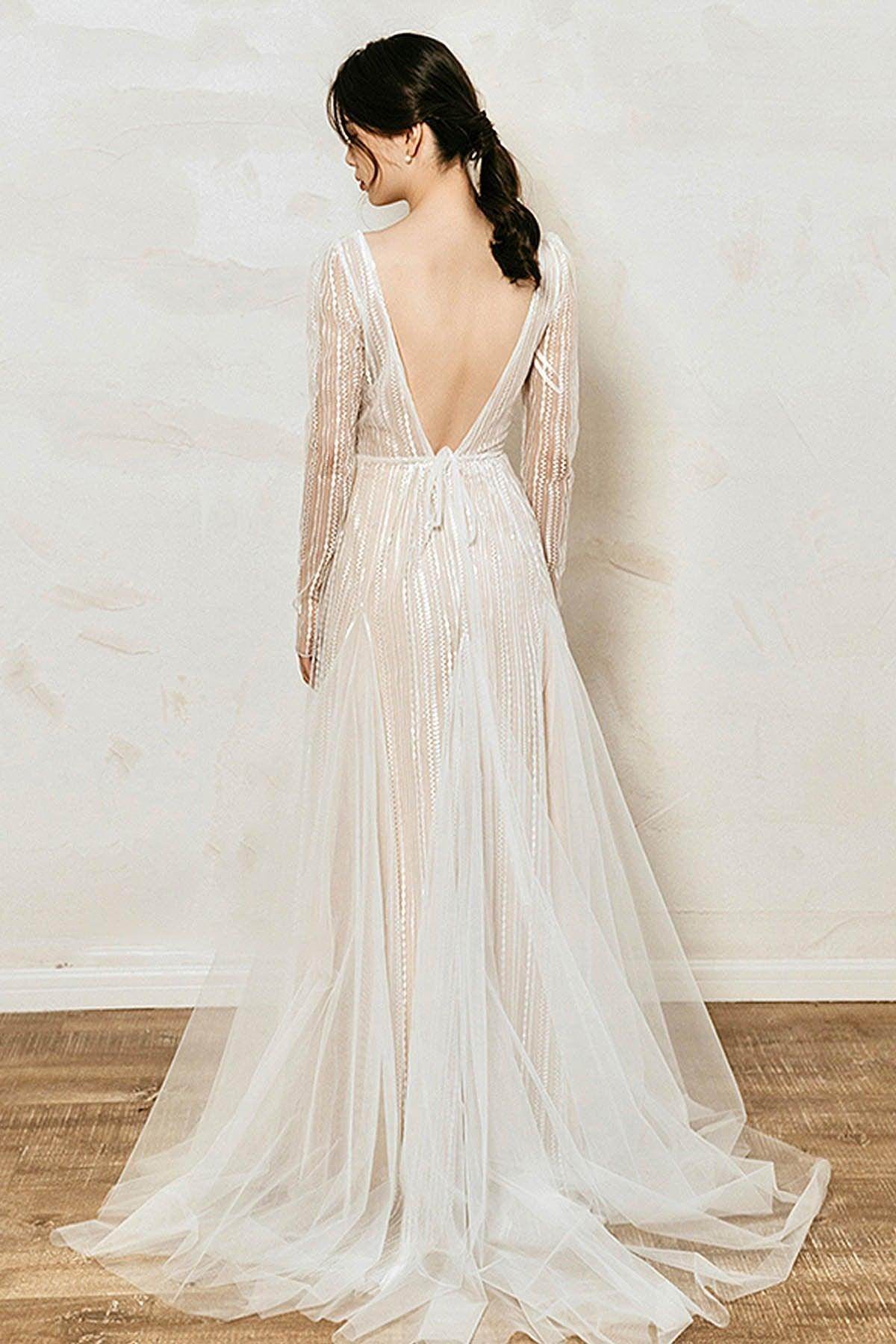 A-Line Sweep-Brush Train Sequined Lace Wedding Dress CW3035 - COCOMELODY