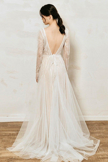 A-Line Sweep-Brush Train Sequined Lace Wedding Dress CW3035 - COCOMELODY