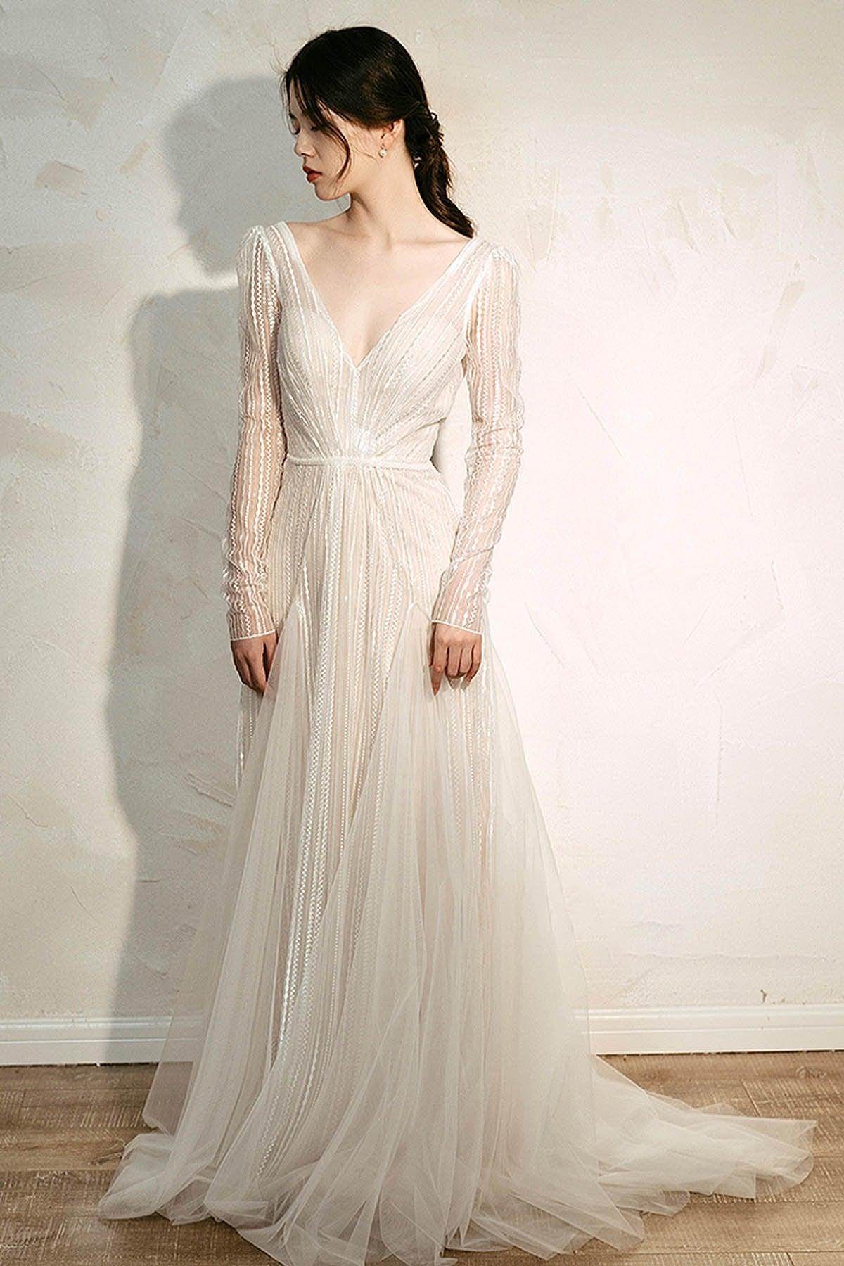 A-Line Sweep-Brush Train Sequined Lace Wedding Dress CW3035 - COCOMELODY