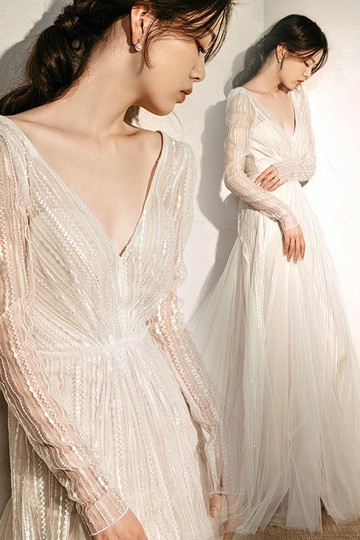 A-Line Sweep-Brush Train Sequined Lace Wedding Dress CW3035 - COCOMELODY