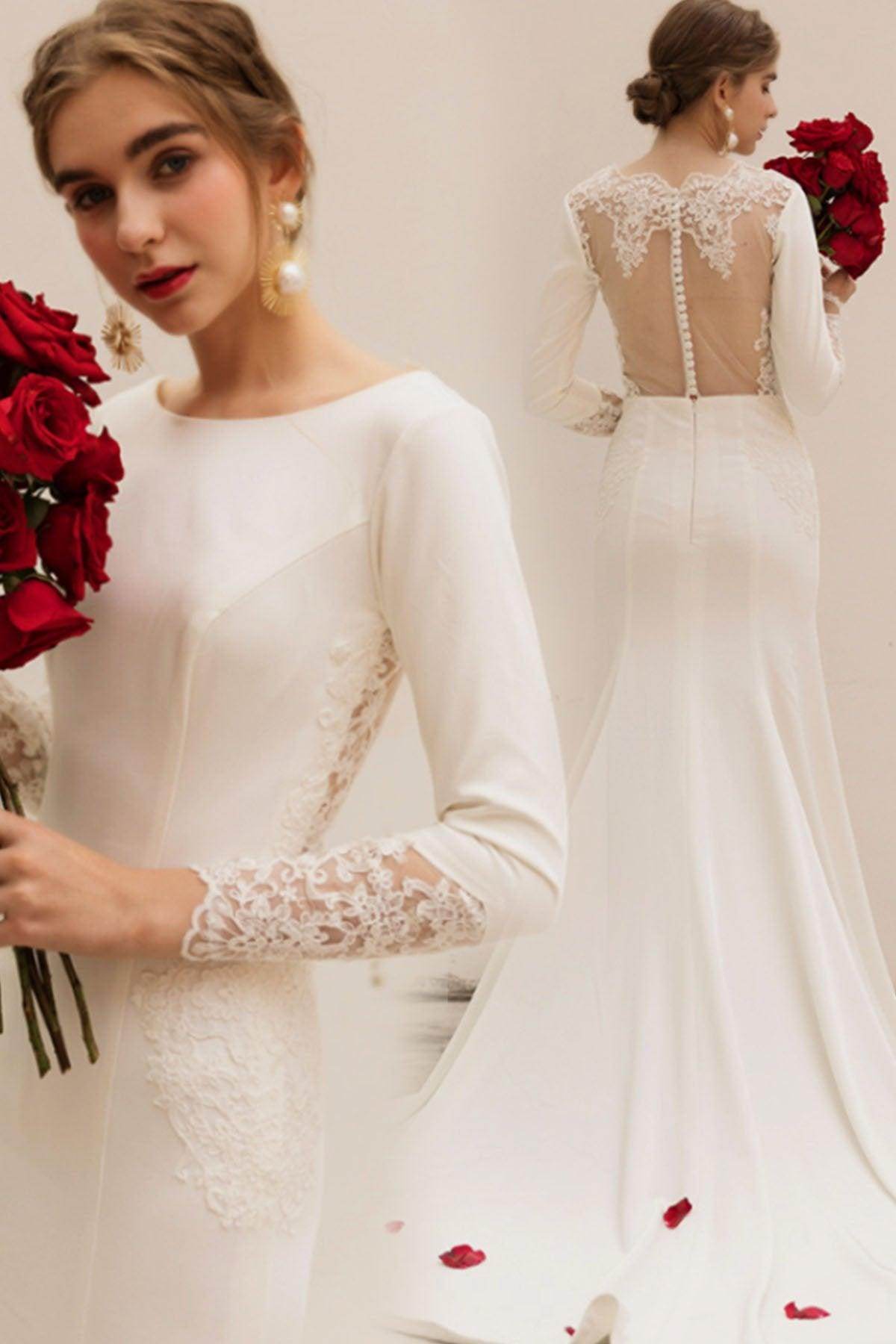 Trumpet Sweep-Brush Train Stretch Satin Wedding Dress CW3036 - COCOMELODY