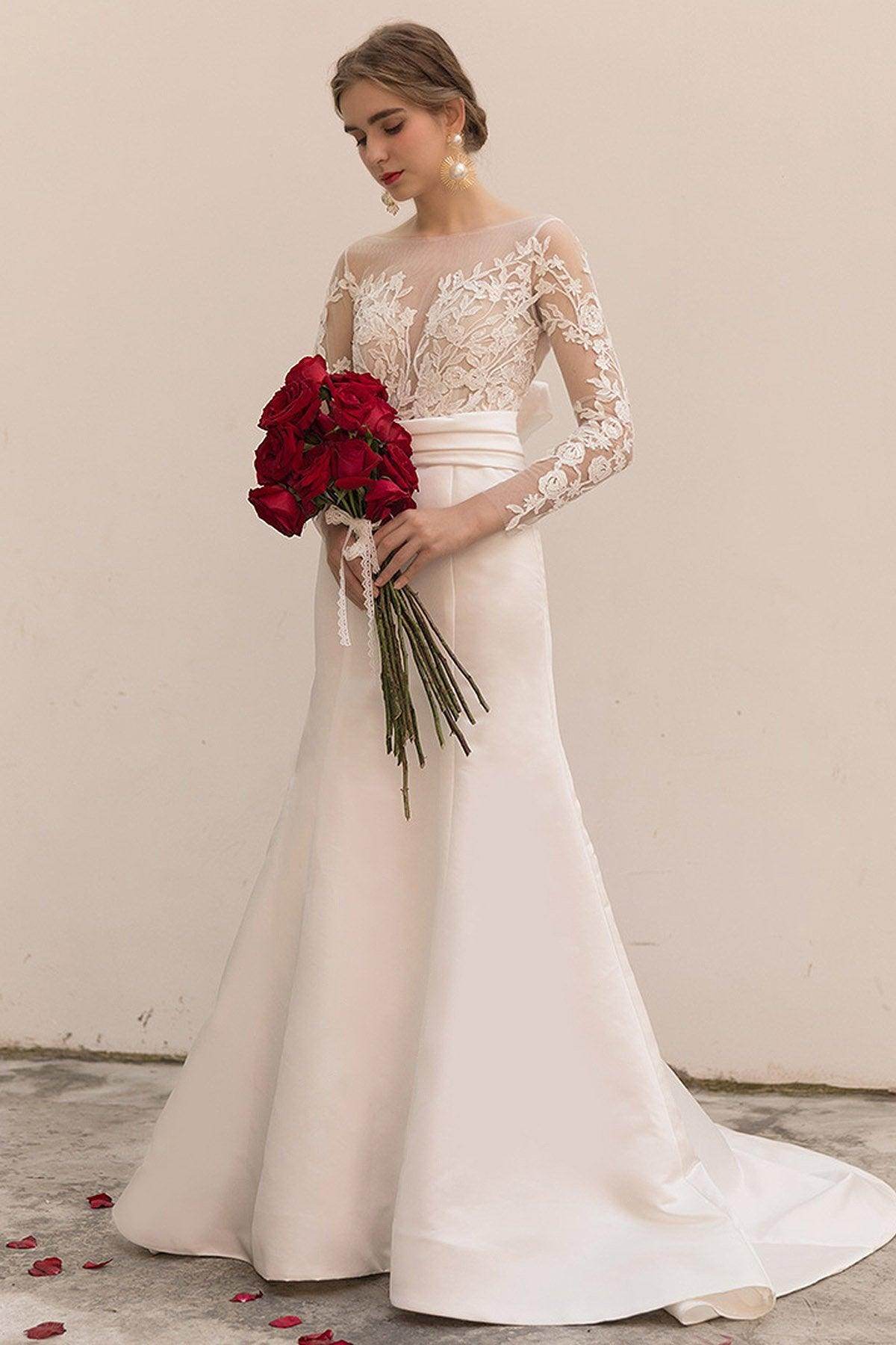 Trumpet-Mermaid Sweep-Brush Train Satin Wedding Dress CW3037 - COCOMELODY