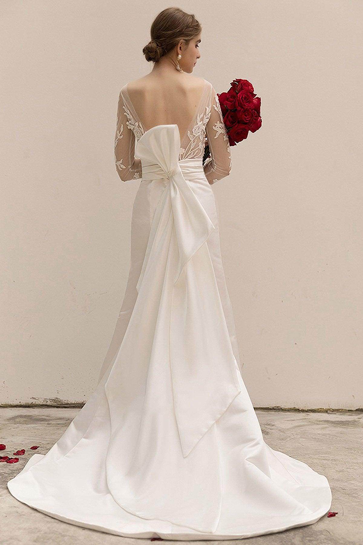 Trumpet-Mermaid Sweep-Brush Train Satin Wedding Dress CW3037 - COCOMELODY