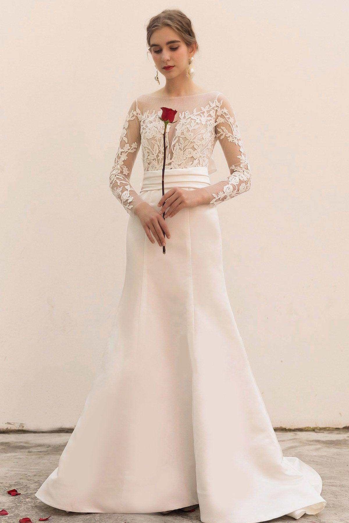 Trumpet-Mermaid Sweep-Brush Train Satin Wedding Dress CW3037 - COCOMELODY