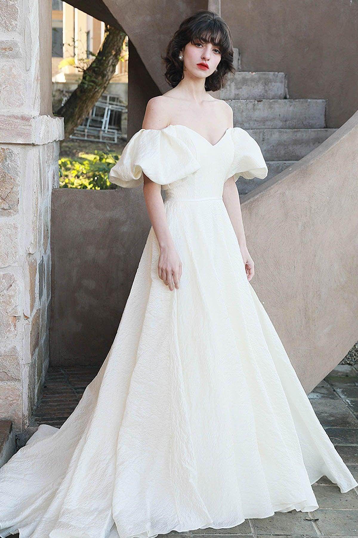 A-Line Sweep-Brush Train Satin Puff Sleeves Wedding Dress COCOMELODY CW3040, 25 Days / As Picture / US18-UK20-EUR48 A-Line Sweep-Brush Train Satin Puff Sleeves Wedding Dress COCOMELODY CW3040, 25 Days / As Picture / US18-UK20-EUR48
