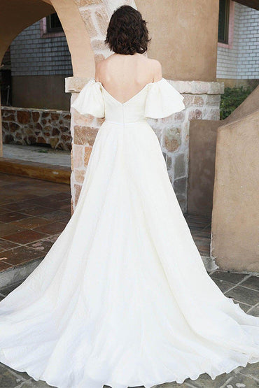 A-Line Sweep-Brush Train Satin Wedding Dress CW3040 - COCOMELODY