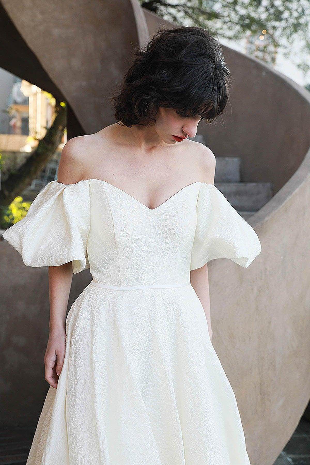 A-Line Sweep-Brush Train Satin Wedding Dress CW3040 - COCOMELODY