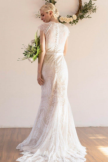 Trumpet-Mermaid Sweep-Brush Train Lace Wedding Dress CW3041 - COCOMELODY