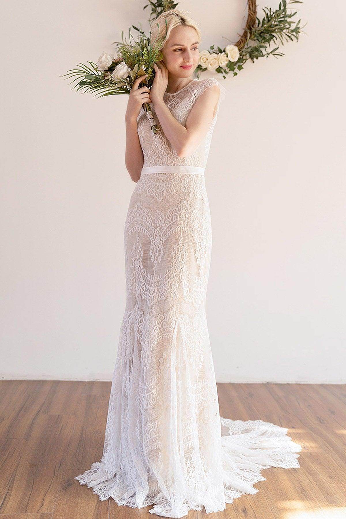 Trumpet-Mermaid Sweep-Brush Train Lace Wedding Dress CW3041 - COCOMELODY
