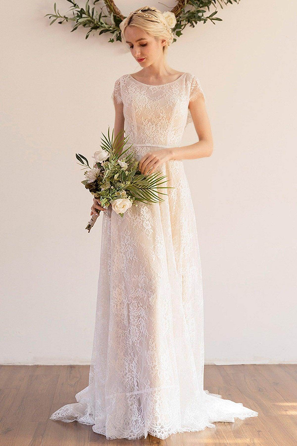 A-Line Sweep-Brush Train Lace Wedding Dress CW3043 - COCOMELODY