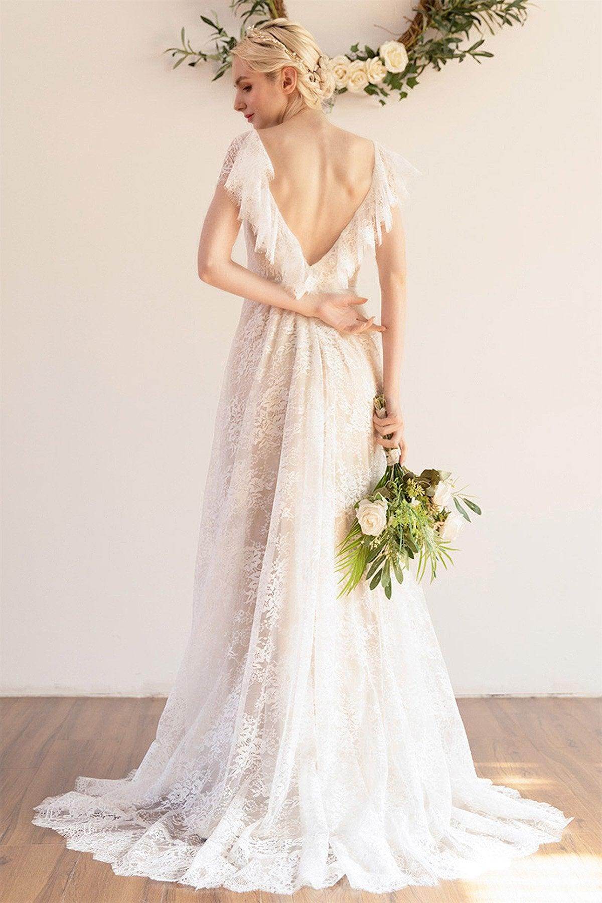 A-Line Sweep-Brush Train Lace Wedding Dress CW3043 - COCOMELODY