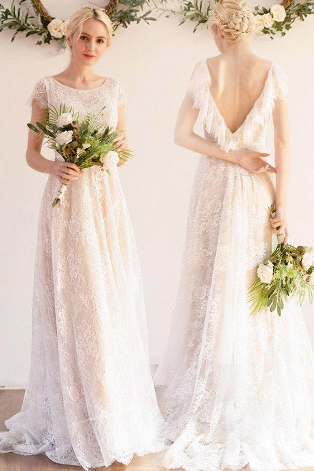 A-Line Sweep-Brush Train Lace Wedding Dress CW3043 - COCOMELODY