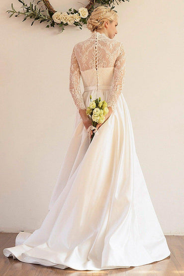 A-Line Sweep-Brush Train Lace Satin Wedding Dress CW3044 - COCOMELODY