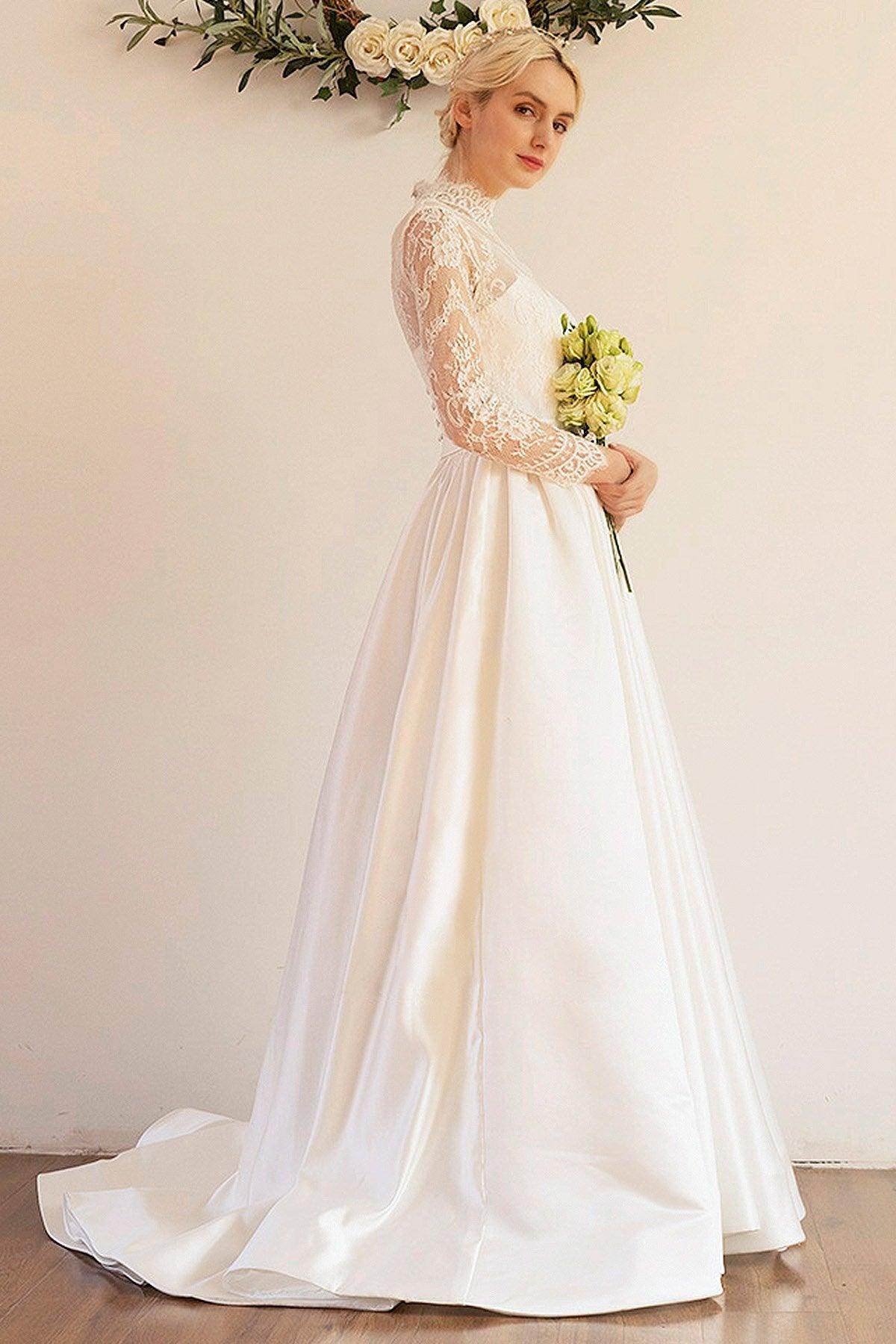 A-Line Sweep-Brush Train Lace Satin Wedding Dress CW3044 - COCOMELODY