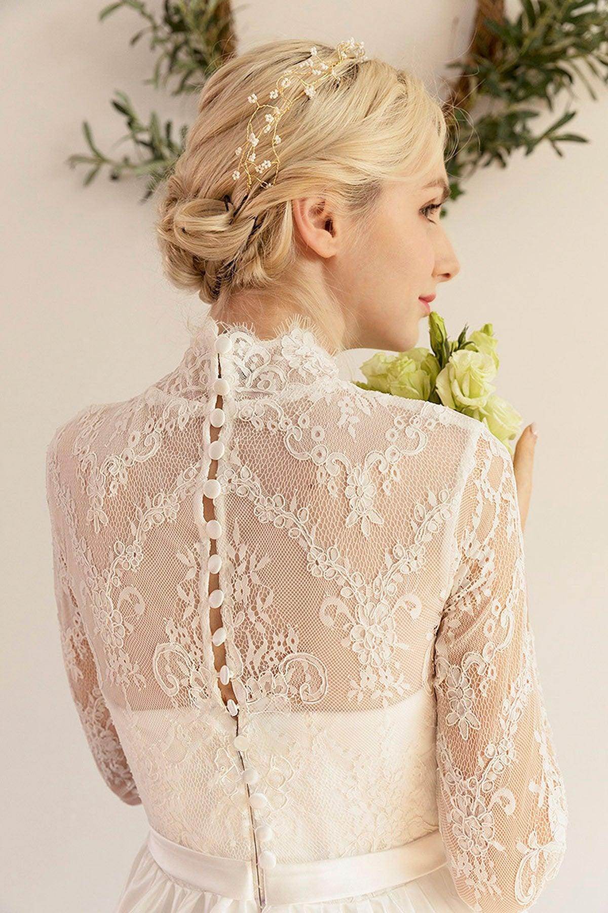 A-Line Sweep-Brush Train Lace Satin Wedding Dress CW3044 - COCOMELODY
