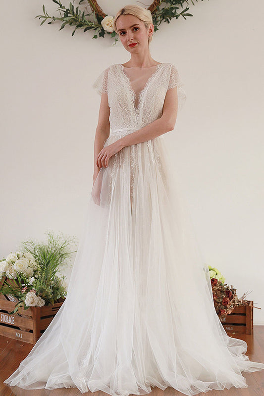 A-Line Sweep-Brush Train Lace Tulle Wedding Dress CW3045