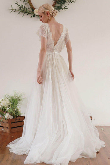 A-Line Sweep-Brush Train Lace Tulle Wedding Dress CW3045 - COCOMELODY