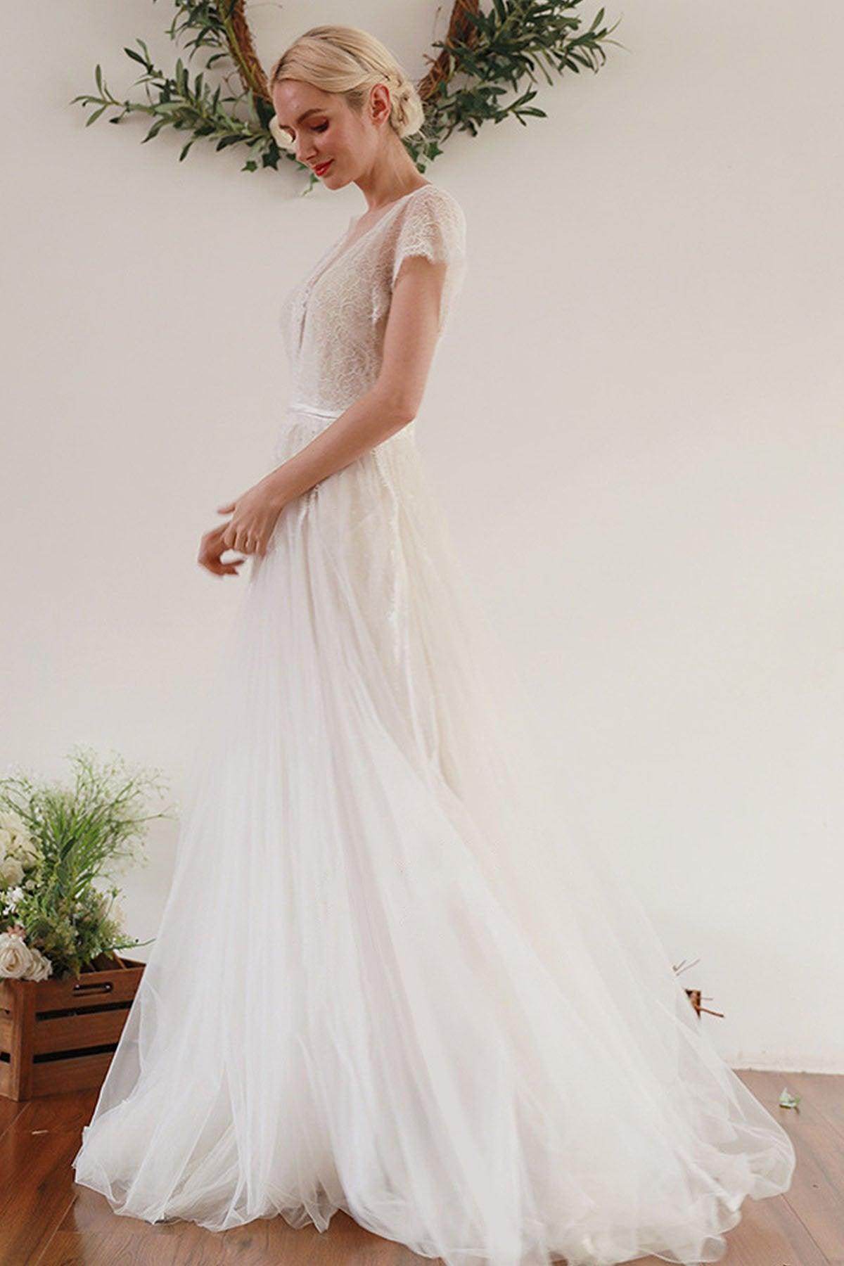 A-Line Sweep-Brush Train Lace Tulle Wedding Dress CW3045 - COCOMELODY