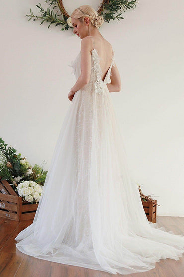 A-Line Sweep-Brush Train Lace Tulle Wedding Dress CW3046 - COCOMELODY