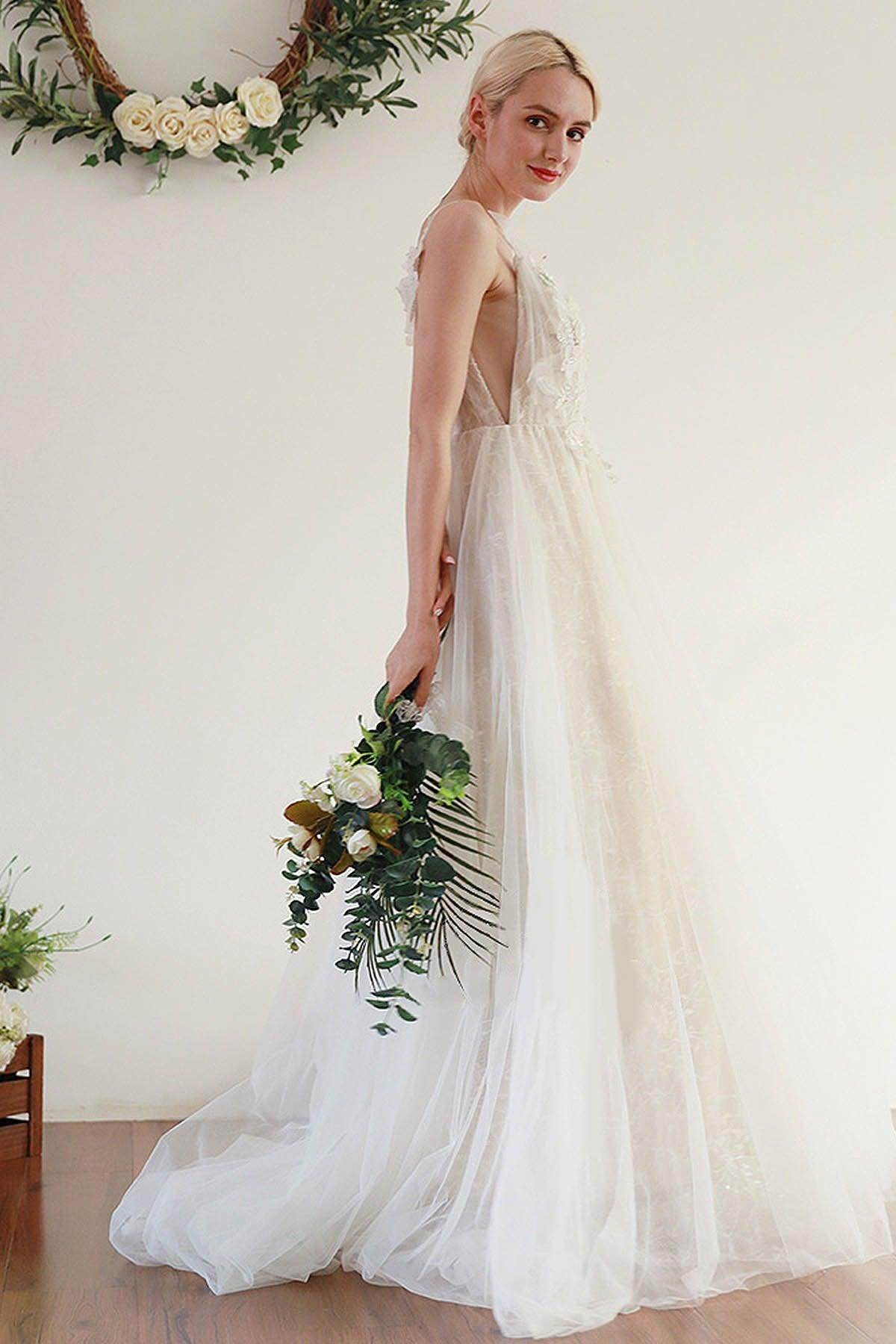 A-Line Sweep-Brush Train Lace Tulle Wedding Dress CW3046 - COCOMELODY