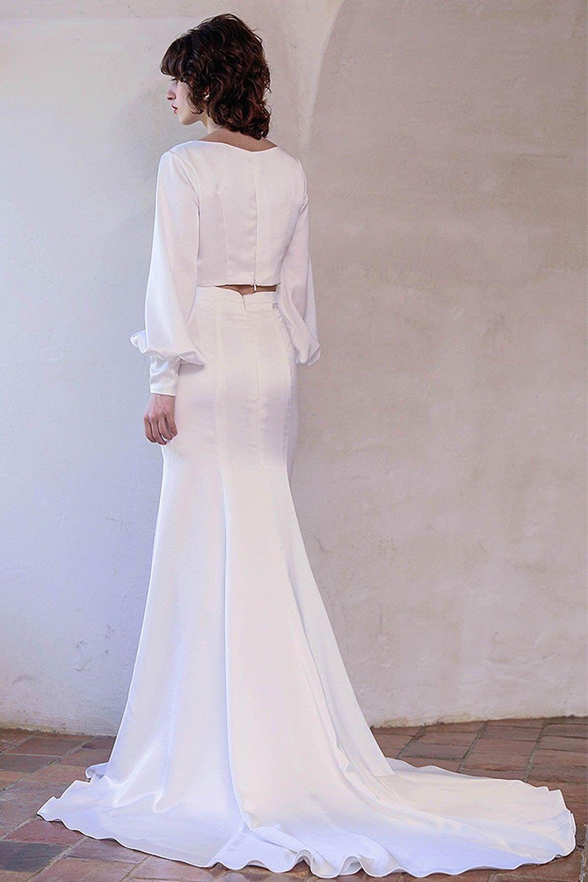 Two-Piece Sweep-Brush Train Satin Wedding Dress CW3048 - COCOMELODY