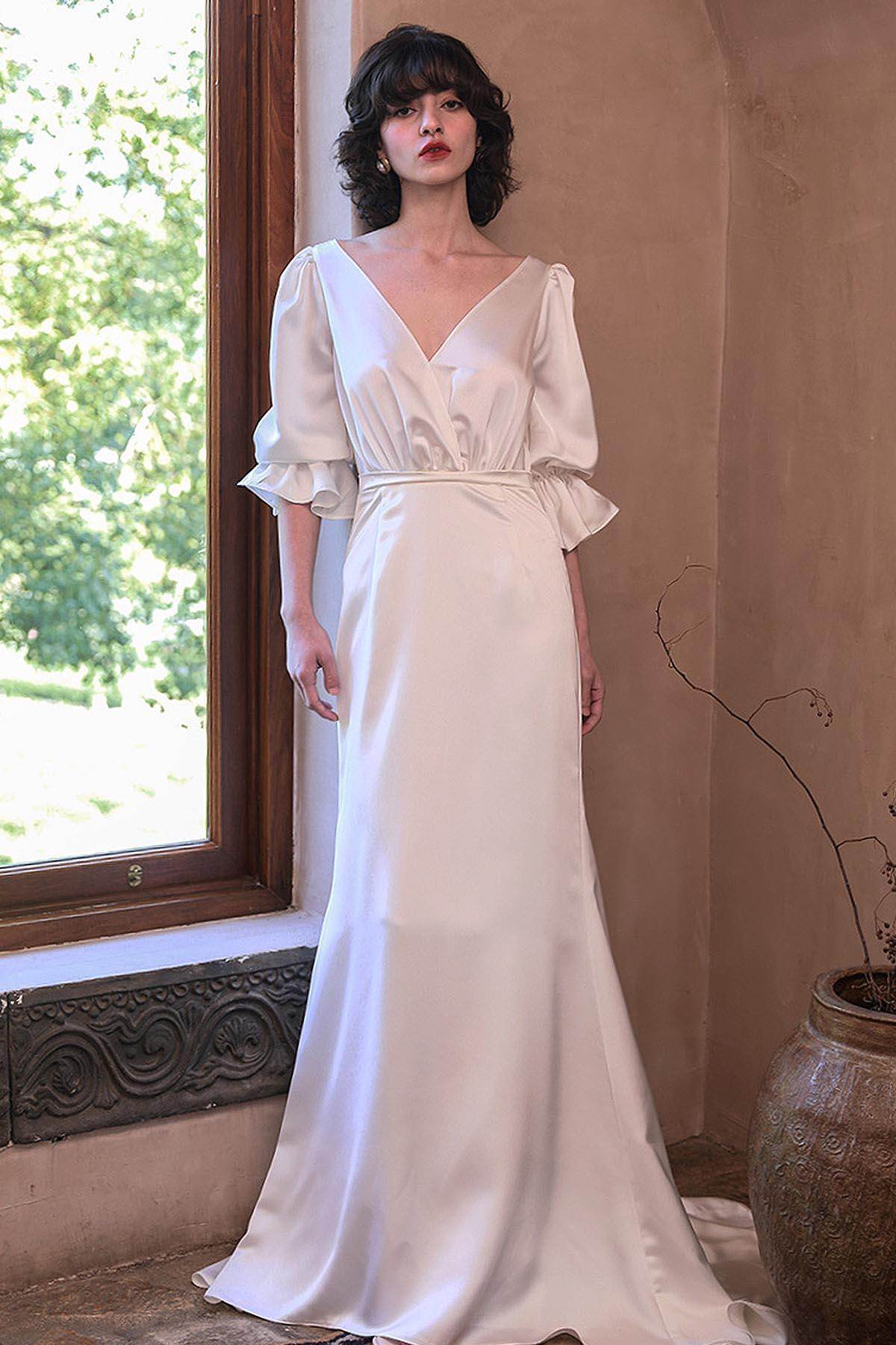 Trumpet-Mermaid Sweep-Brush Train Satin Wedding Dress CW3049 - COCOMELODY