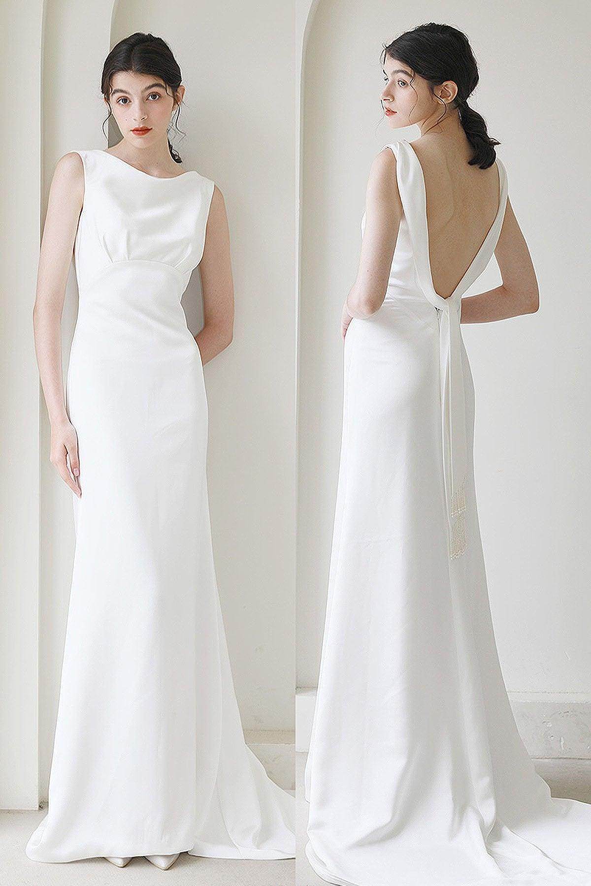 Trumpet-Mermaid Sweep-Brush Train Satin Wedding Dress CW3052 - COCOMELODY