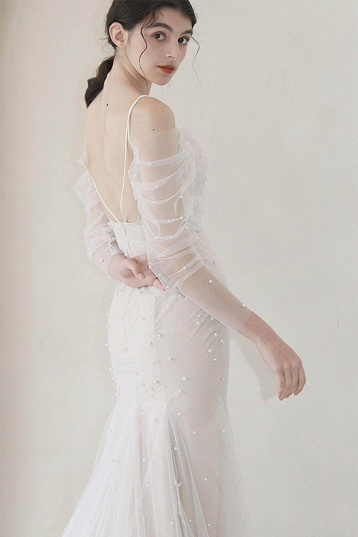 Trumpet-Mermaid Sweep-Brush Train Tulle Wedding Dress CW3053 - COCOMELODY