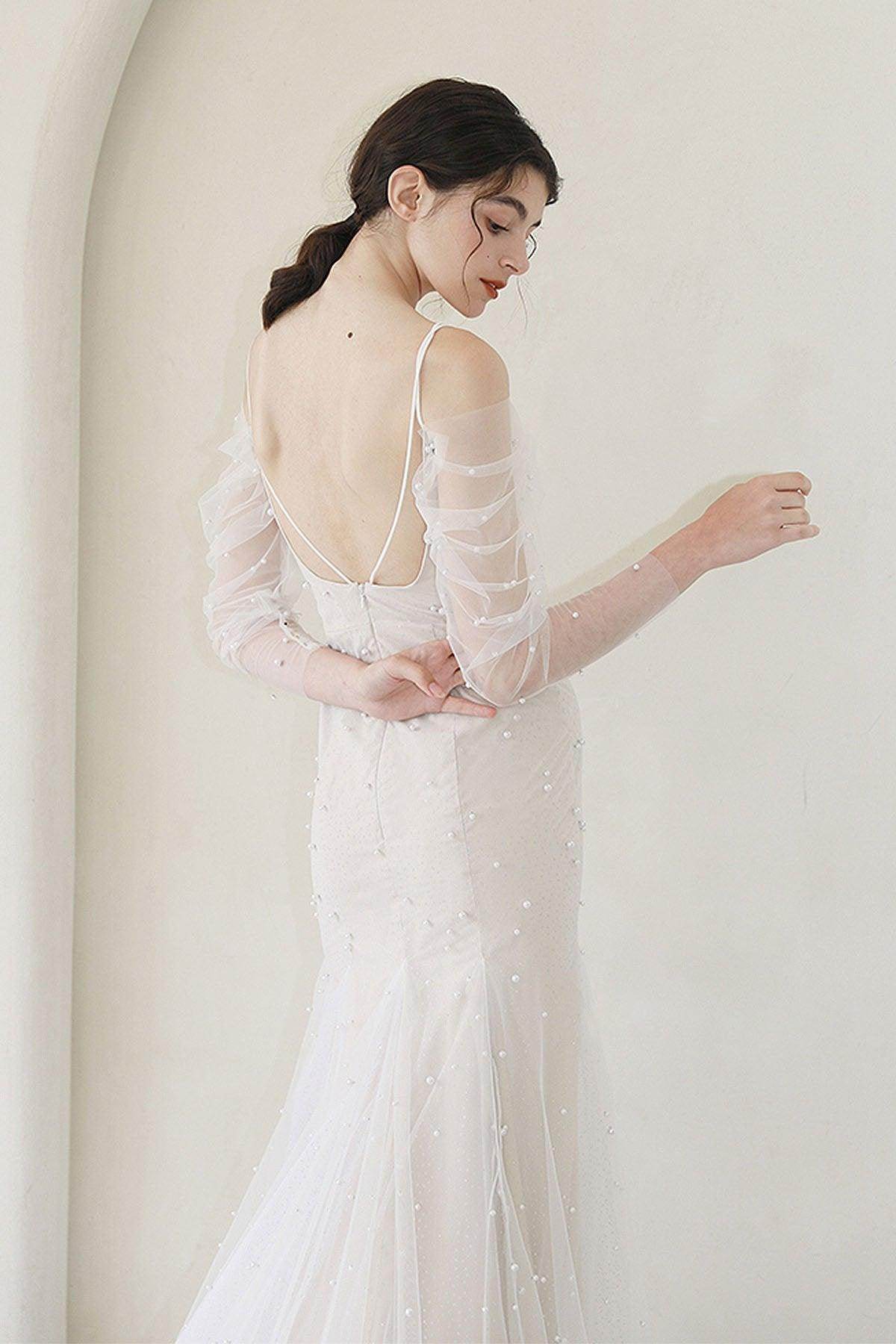 Trumpet-Mermaid Sweep-Brush Train Tulle Wedding Dress CW3053 - COCOMELODY
