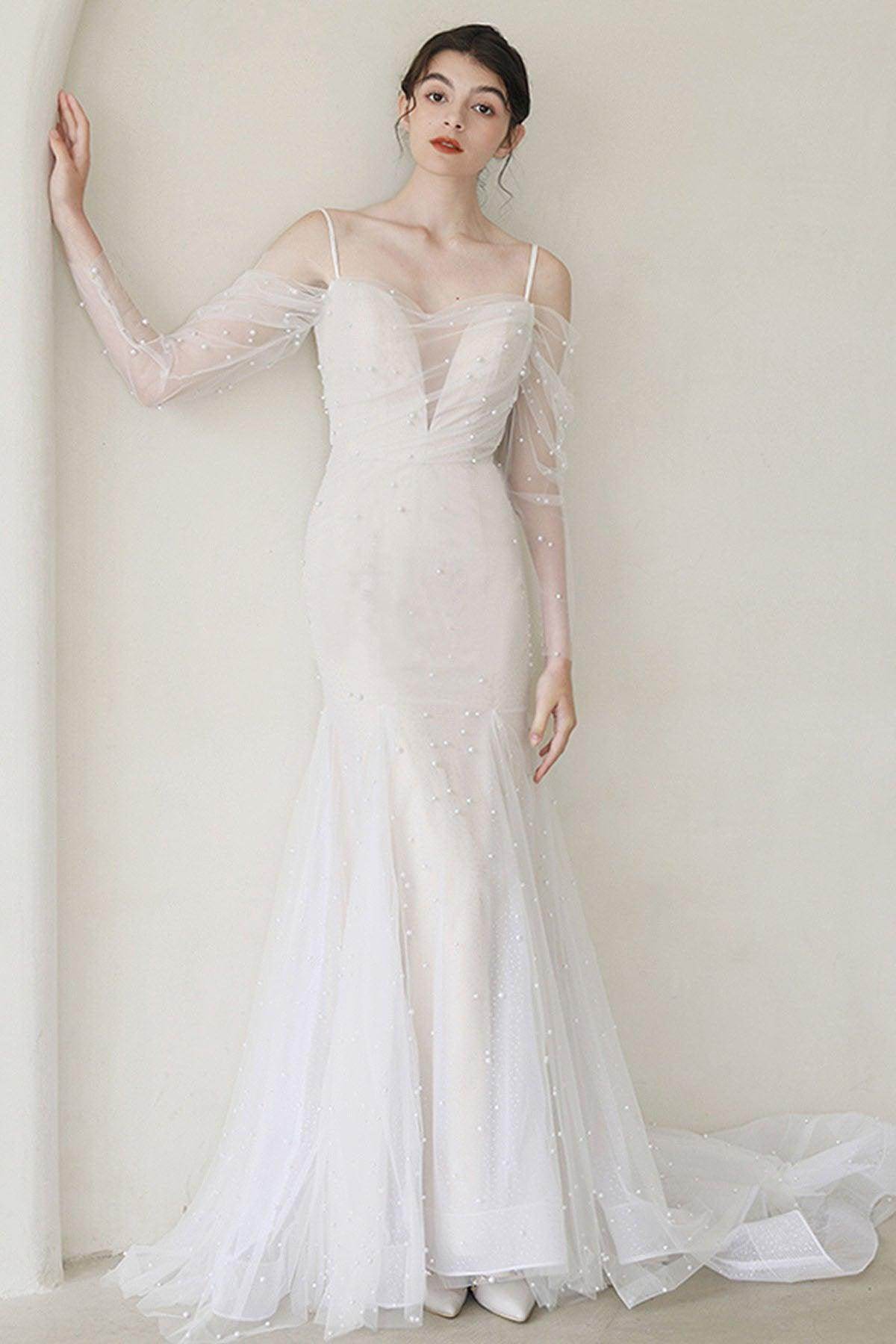Trumpet-Mermaid Sweep-Brush Train Tulle Wedding Dress CW3053 - COCOMELODY