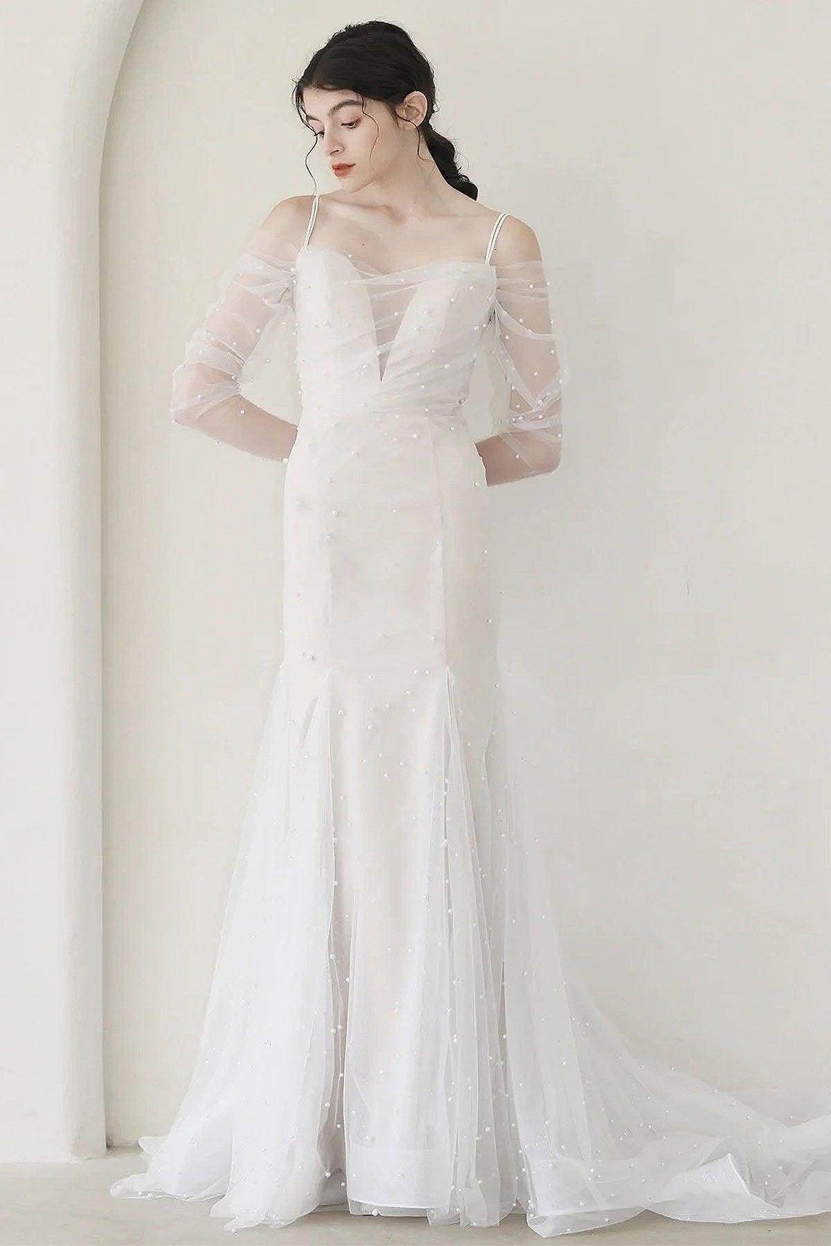 Trumpet-Mermaid Sweep-Brush Train Tulle Wedding Dress CW3053 - COCOMELODY