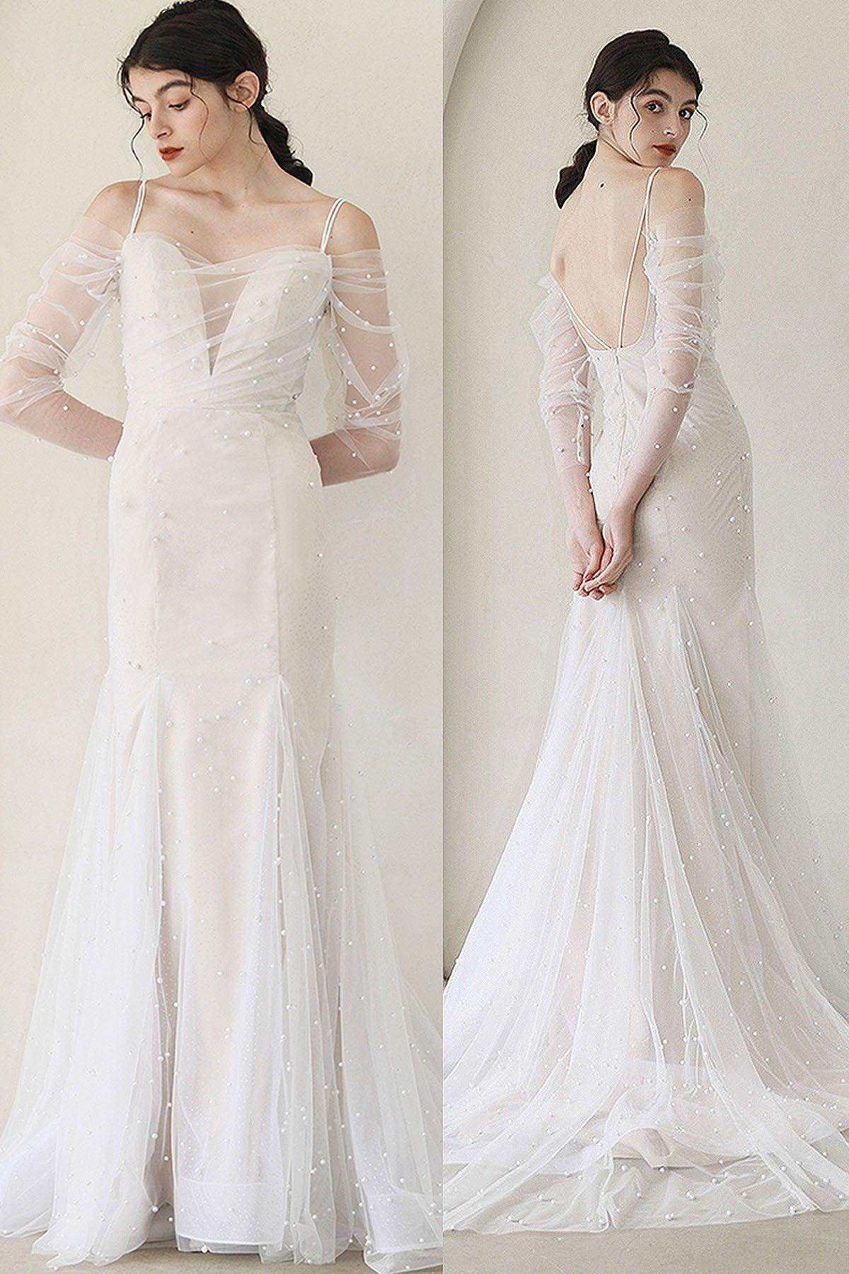Trumpet-Mermaid Sweep-Brush Train Tulle Wedding Dress CW3053 - COCOMELODY