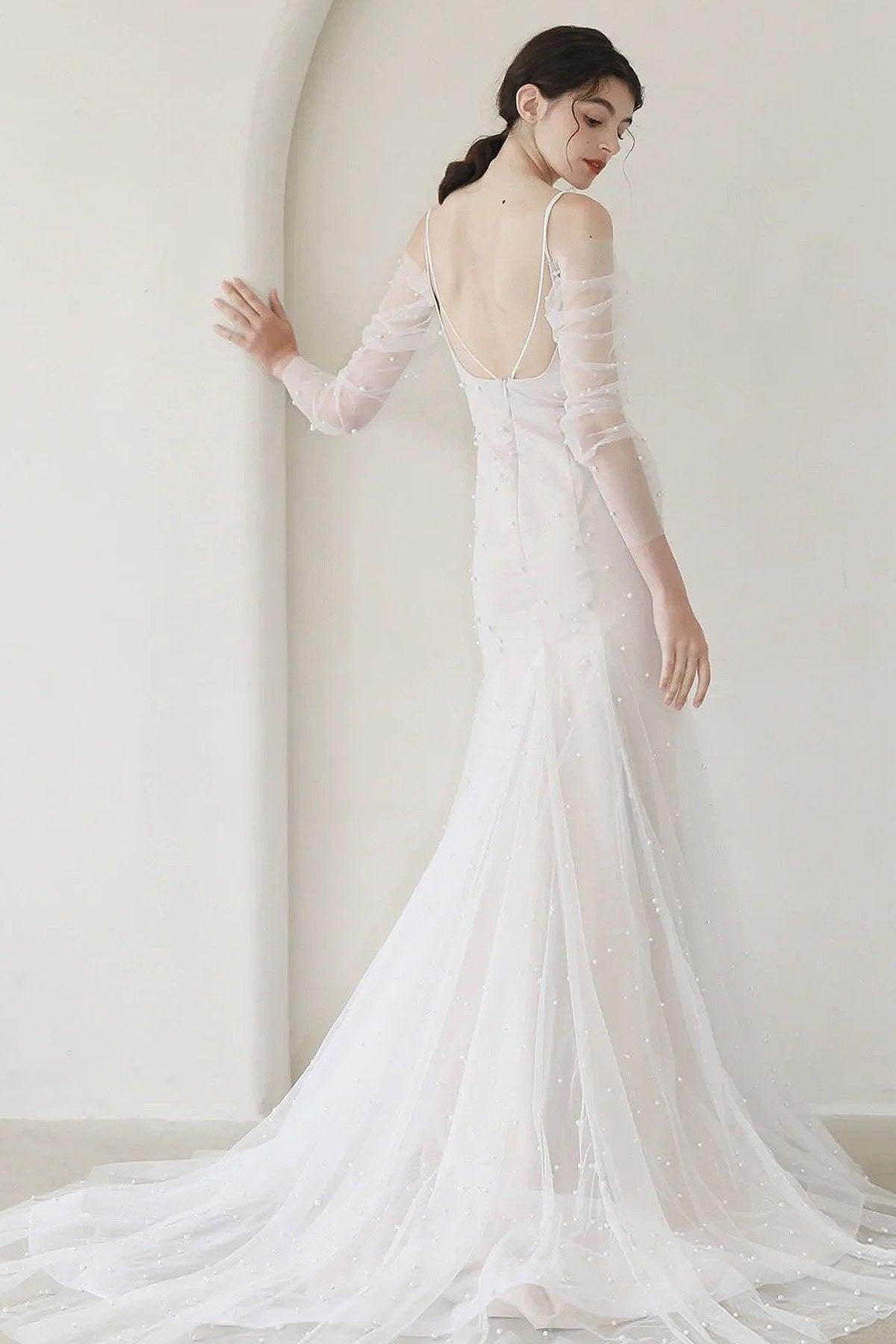 Trumpet-Mermaid Sweep-Brush Train Tulle Wedding Dress CW3053 - COCOMELODY