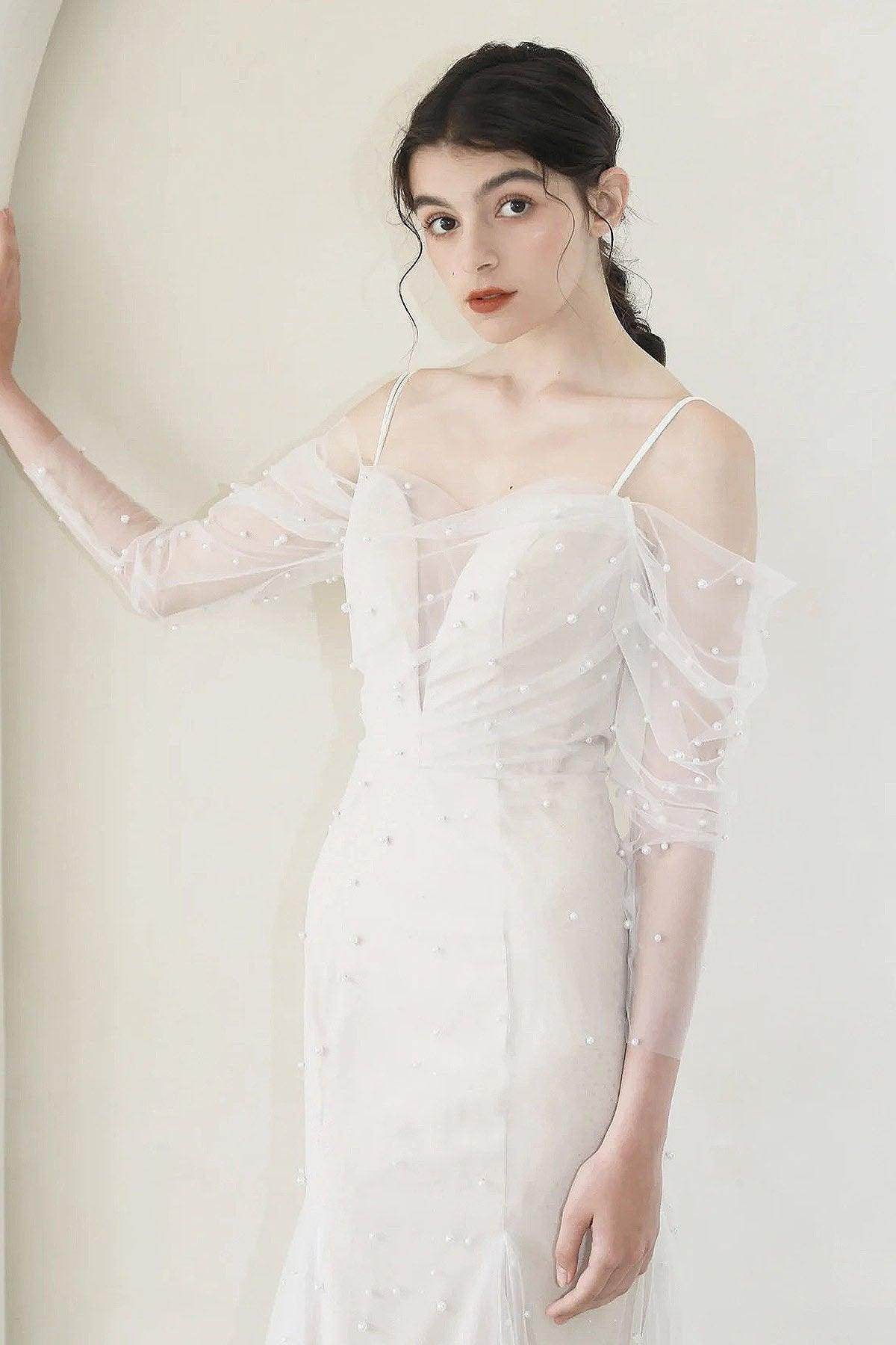 Trumpet-Mermaid Sweep-Brush Train Tulle Wedding Dress CW3053 - COCOMELODY