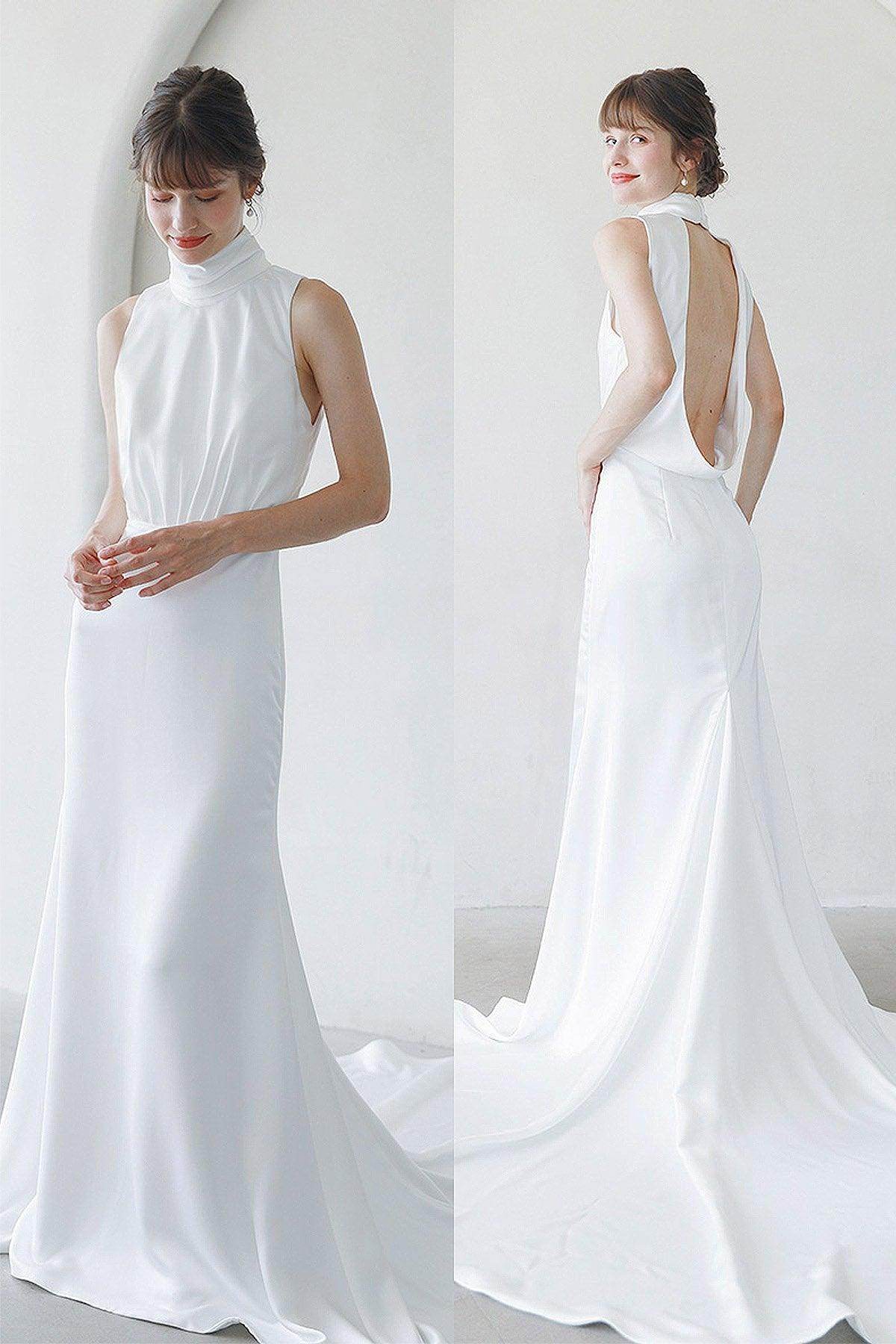 Trumpet-Mermaid Sweep-Brush Train Satin Wedding Dress CW3054 - COCOMELODY