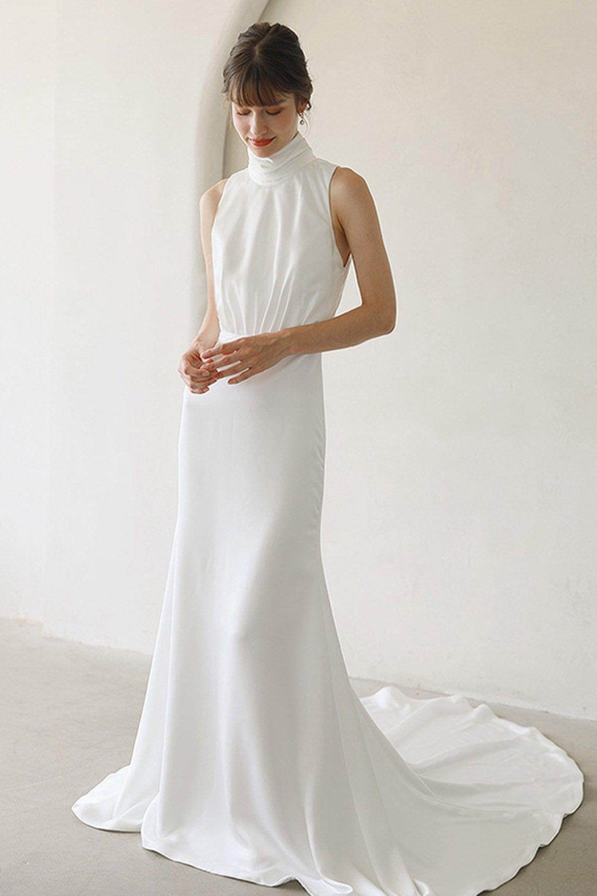 Trumpet-Mermaid Sweep-Brush Train Satin Wedding Dress CW3054 - COCOMELODY