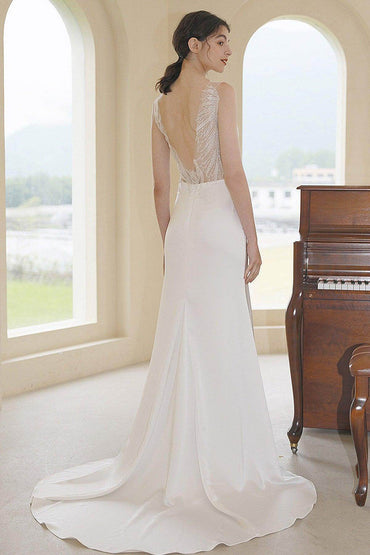 Sheath Sweep-Brush Train Lace Satin Wedding Dress CW3055 - COCOMELODY