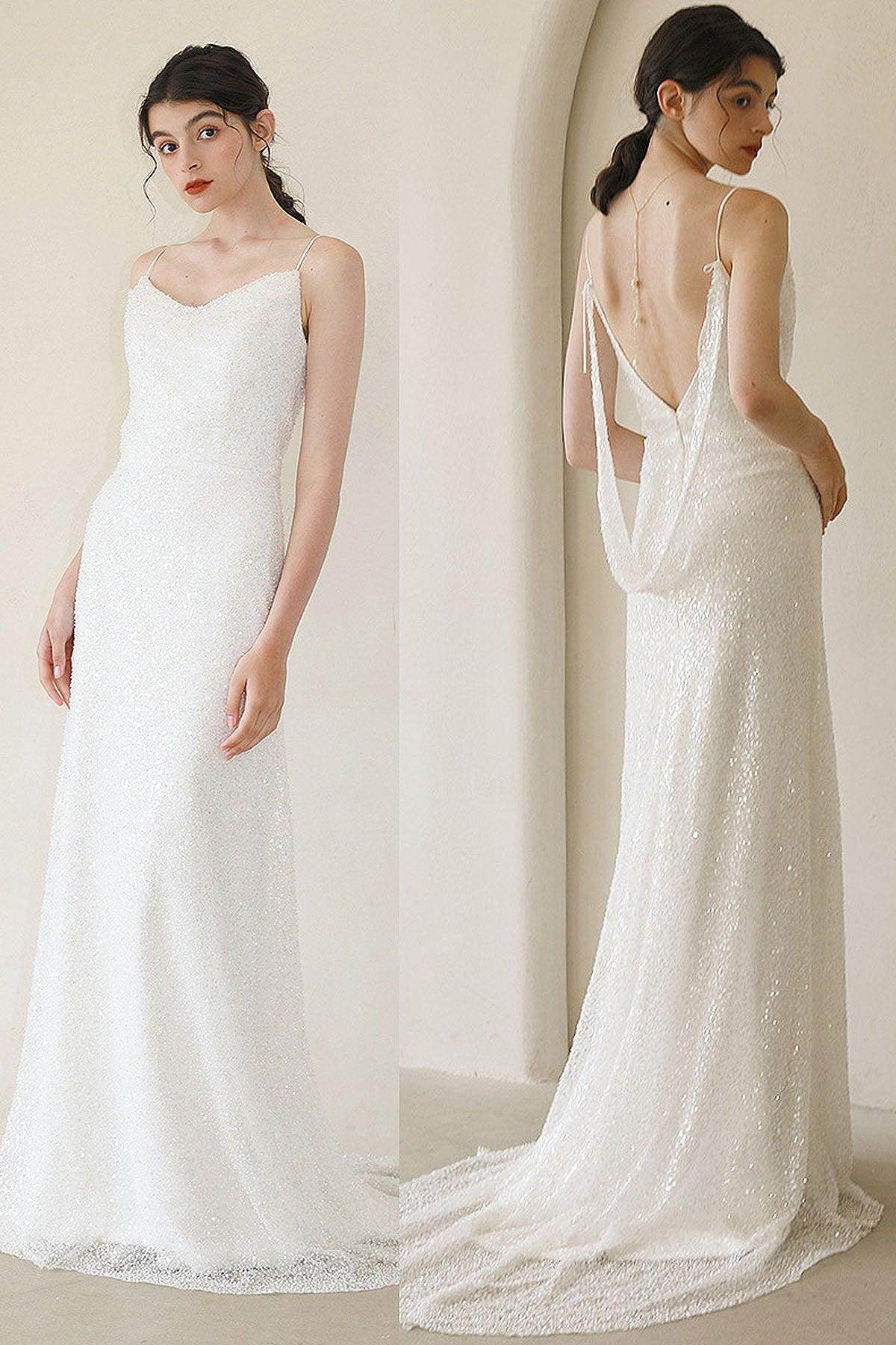Sheath Sweep-Brush Train Sequined Lace Wedding Dress CW3056 - COCOMELODY