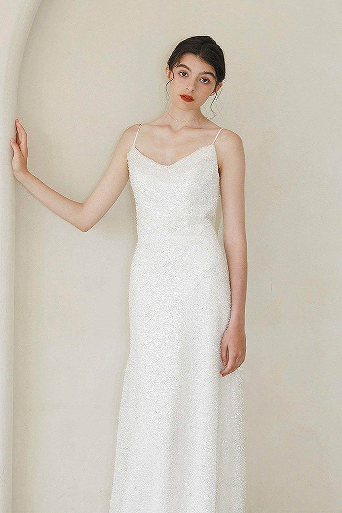 Sheath Sweep-Brush Train Sequined Lace Wedding Dress CW3056 - COCOMELODY