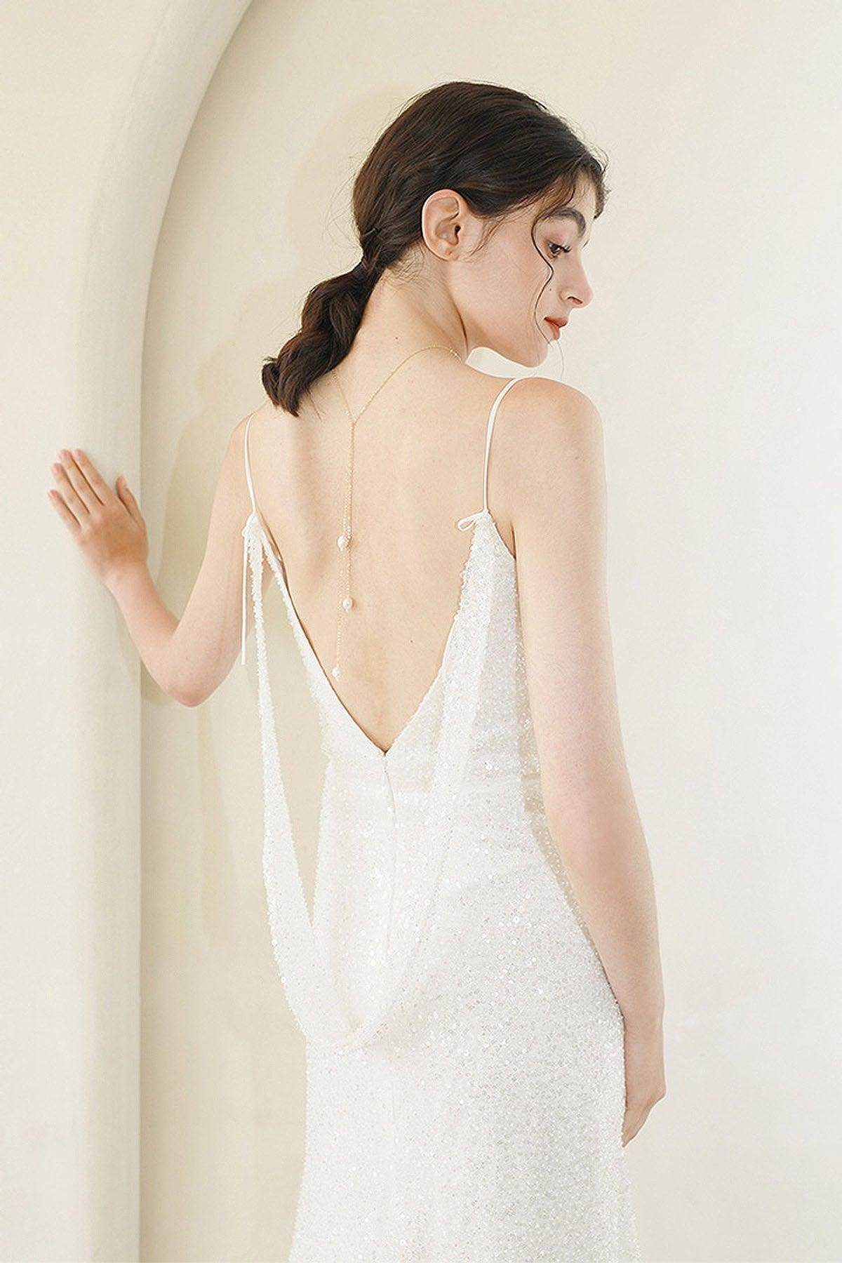 Sheath Sweep-Brush Train Sequined Lace Wedding Dress CW3056 - COCOMELODY