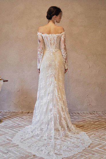 Trumpet-Mermaid Court Train Lace Tulle Wedding Dress CW3062 - COCOMELODY