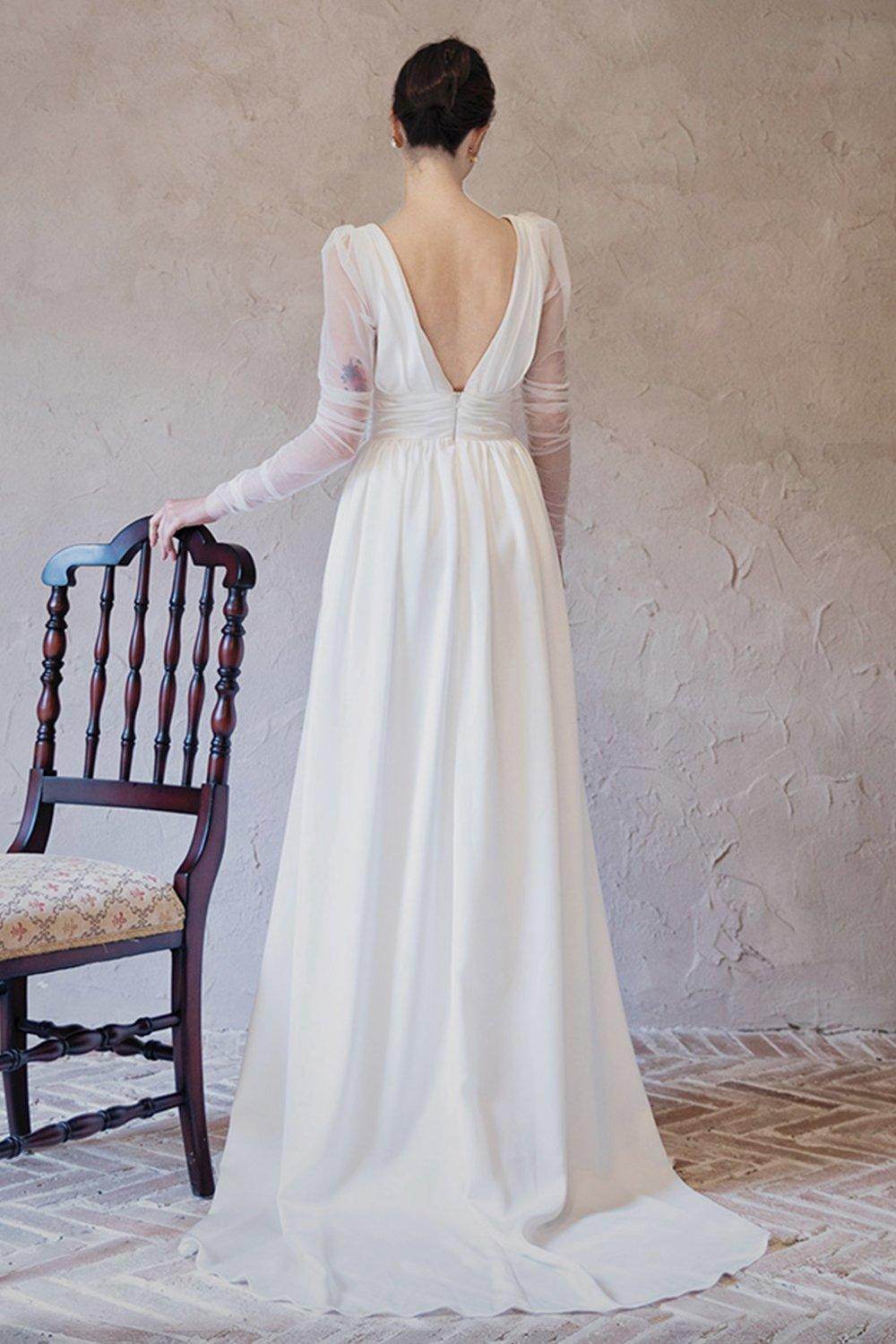 A-Line Sweep-Brush Train Chiffon Tulle Wedding Dress CW3063 - COCOMELODY