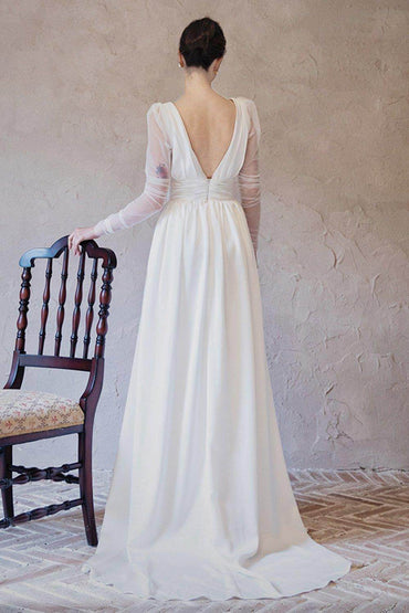 A-Line Sweep-Brush Train Chiffon Tulle Wedding Dress CW3063 - COCOMELODY