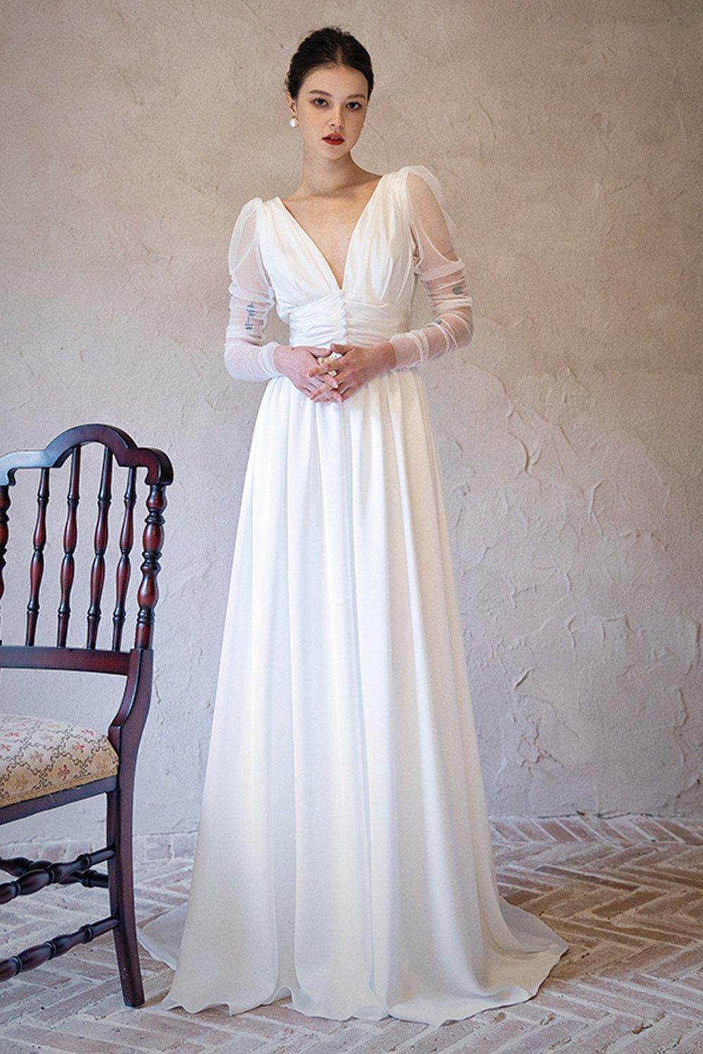 A-Line Sweep-Brush Train Chiffon Tulle Wedding Dress CW3063 - COCOMELODY