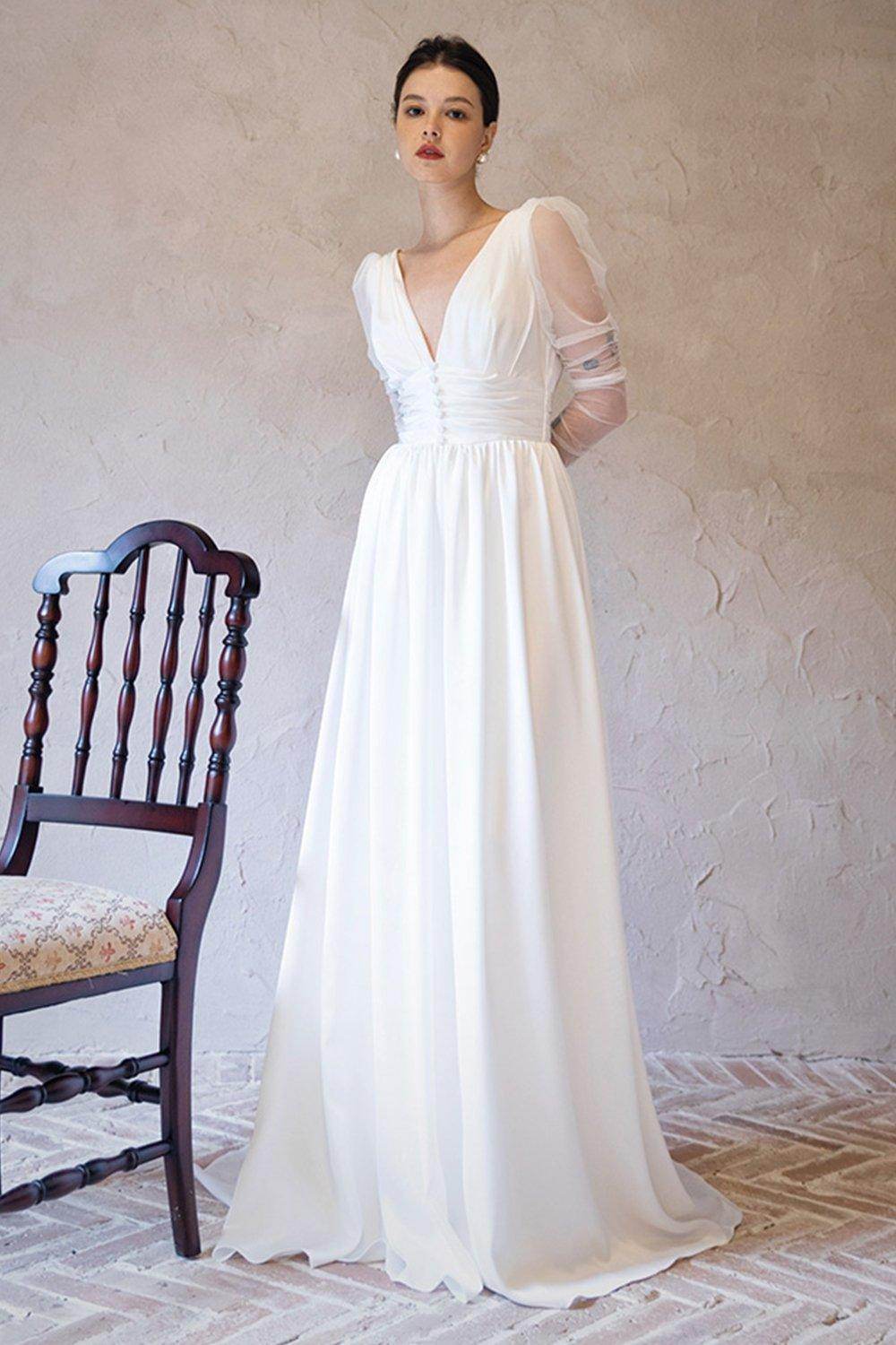 A-Line Sweep-Brush Train Chiffon Tulle Wedding Dress CW3063 - COCOMELODY